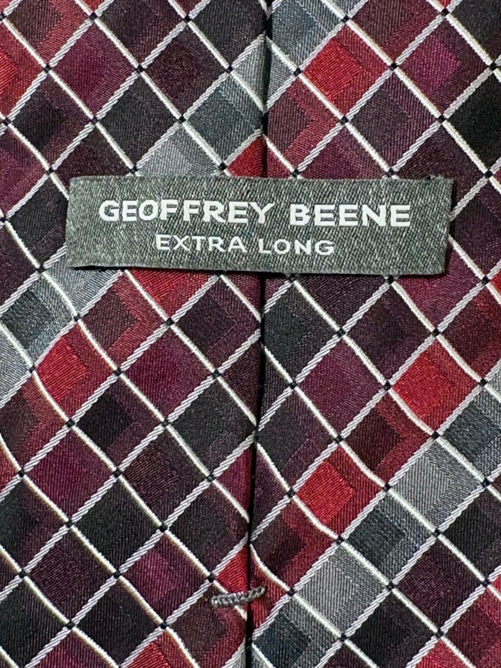 Geoffrey Beene Extra Long Tie Burgundy Grey Diamond Geometric Mens Necktie